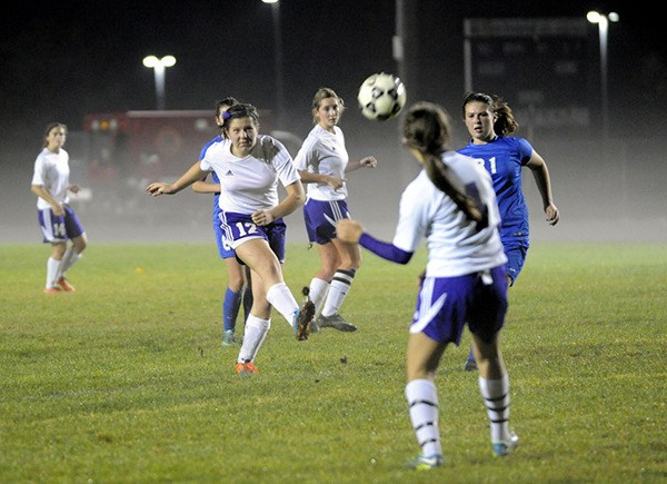 Abby Hansted connects on a shot that just misses a goal against the Bremerton Knights on Oct. 26