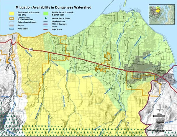 The yellow area of the map indicates the property under the Dungeness Water Rule where only indoor domestic water use is permitted and no outdoor water mitigation is available.