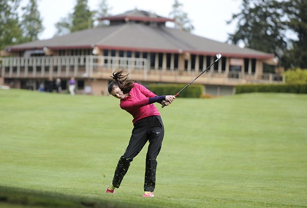 SHS freshman Alex McMenamin hits a shot on the first hole at an Olympic League meet in Sequim in April. McMenamin placed third at the class 2A state meet last week.