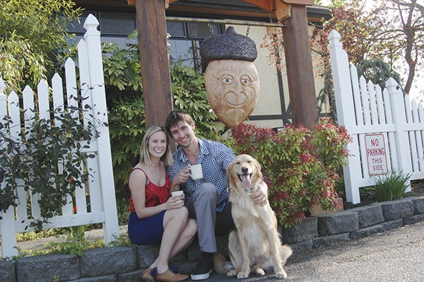 Taria and Casey Nagler pose with their dog Penny outside The Oak Table Cafe. Both Casey and Taria are eager to take their lifelong customer service and food industry skills and apply them to a place of their own. Their dog Penny is the inspiration for a light roast they plan to carry fittingly named “Penny’s Golden Roast.”