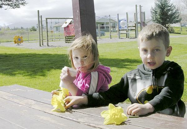 Genevieve and Wyatt Manley take a break from the playgrounds at Margaret Kirner Park. Their parents are Emily and Kyle Manley of Sequim.