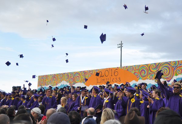 Some of the 212 graduating Sequim High School seniors toss their mortarboards skyward after receiving diplomas at SHS’s graduation ceremony on June 10.