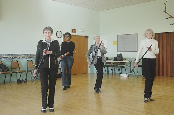 Dancer and choreographer Marianne Trowbridge leads a Wednesday tap class at the Elks Lodge. Behind her