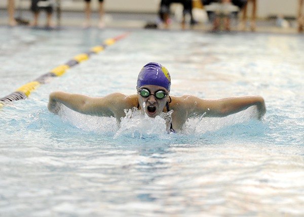 Annie Armstrong swims to a third place finish for Sequim in the 100 butterfly against Port Townsend on Oct. 9.