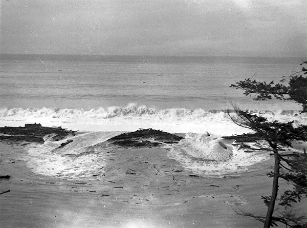 The Strait of Juan de Fuca breaches the Dungeness Spit in 1968.
