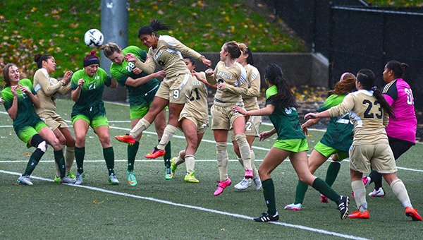 Peninsula’s Tasha Inong rises up for a header as the Pirates take on Highline on Nov. 3. Highline edged the Pirates 2-1 in the NWAC quarterfinals.