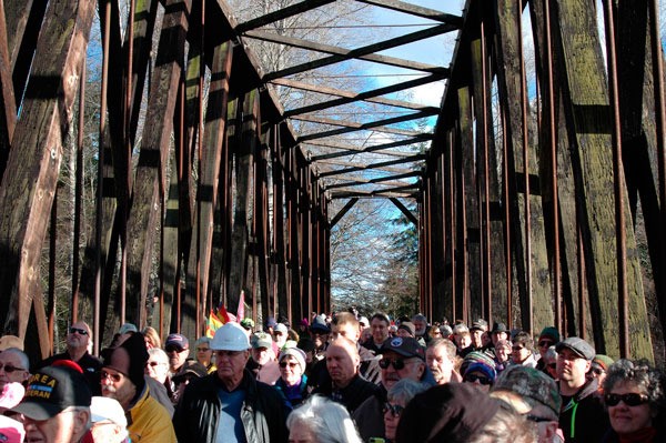Railroad Bridge Park filled with community members on Dec. 30 to join the Jamestown S’Klallam tribe for a ceremony to celebrate the grand opening of the newly constructed bridge across the Dungeness River.