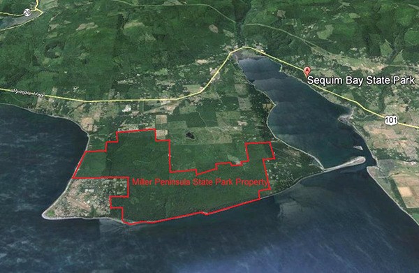 An aerial photo shows the overlay of the property boundaries on Miller Peninsula.