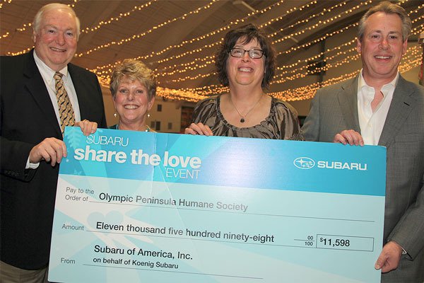 Koenig Subaru selected the Olympic Peninsula Humane Society to be the recipient of proceeds from Subaru’s Share the Love promotional event. A check for $11