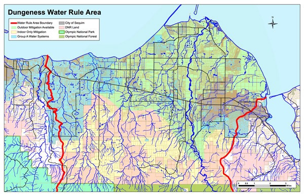 The Dungeness Water Rule area is separated into two categories: green and yellow. The yellow indicates the more southern portion of the rule area where only indoor domestic water use is permitted and no outdoor water mitigation is yet available.