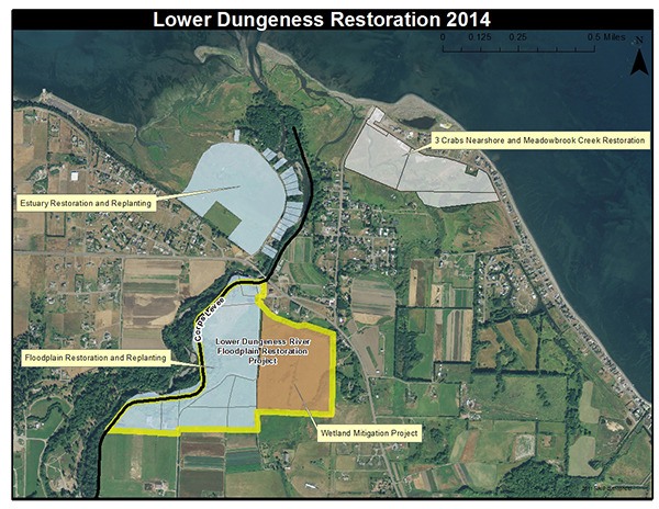 This map details the lower Dungeness Restoration areas.