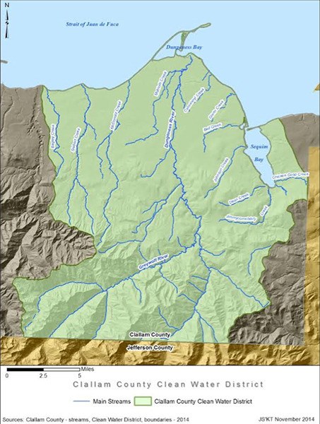 The Sequim Bay-Dungeness Watershed Clean Water District boundary stretches east from Bagley Creek to the Clallam County border near Diamond Point Road.