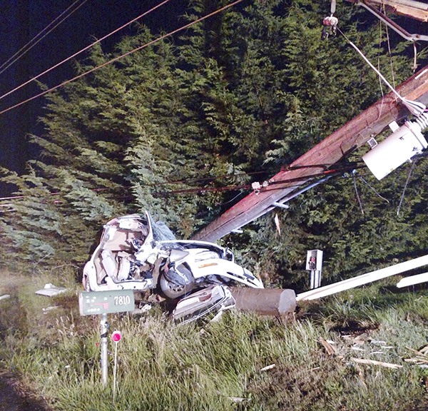 This 2002 Buick owned by Greg Valaske of Sequim collided with a power pole on Old Olympic Highway on Sunday morning. Valaske was airlifted to Harborview Medical Center but succumbed to injuries upon arrival