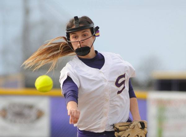 Sequim’s Olivia Kirsch works the mound as she and the Lady Wolves take on Klahowya on March 25. Kirsch settled down after giving up a first-inning home run to toss a complete game in an 8-2 Olympic League win.