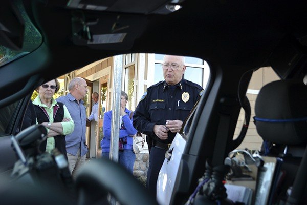 Sequim Police Chief Bill Dickinson speaks about one of three new Sequim police cars at the June 9 Sequim City Council meeting.