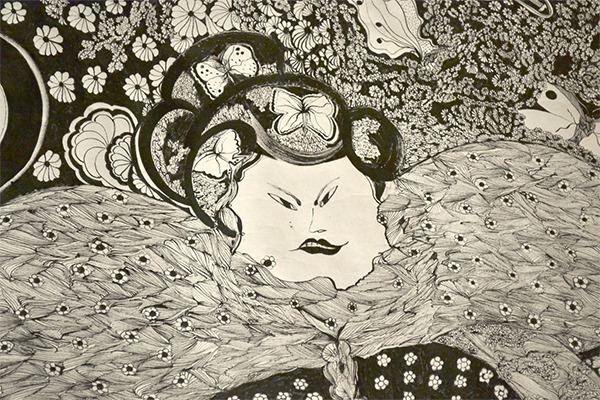 Japanese women adorn this ink drawing that took Erica McClain hundreds of hours to draw with a toothpick and ink.