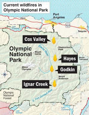 A map showing the locations of the four Olympic National Park fires.