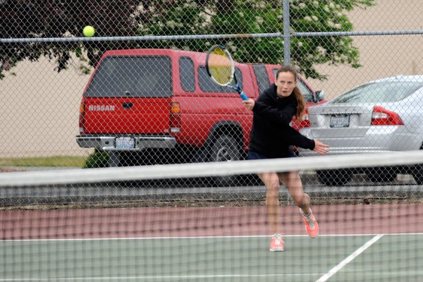Sequim's Izzy Hugoniot plays in a doubles match late in the season. At the Olympic League championships