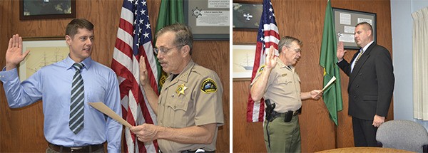 Clallam County Sheriff Bill Benedict swears in new deputies Benjamin Tomco (in photo at left) and Michael Leiter.