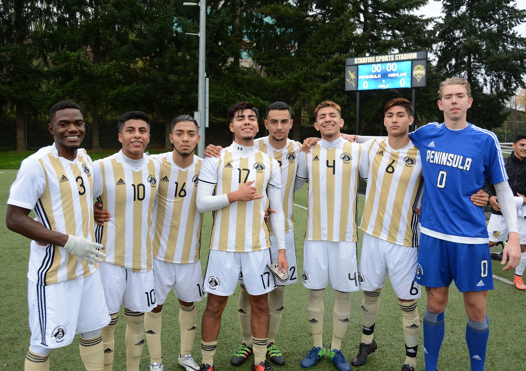 Peninsula College photo                                The Peninsula College men’s soccer players named to the Northwest Conference All-Star North-East squad. From left are DemarStewart, Salvador Vargas, Juan Carrillo, Cesar Gervacio, Jason Ramos, Jose Soto, Marlon Nava and Brannon Dwyer.