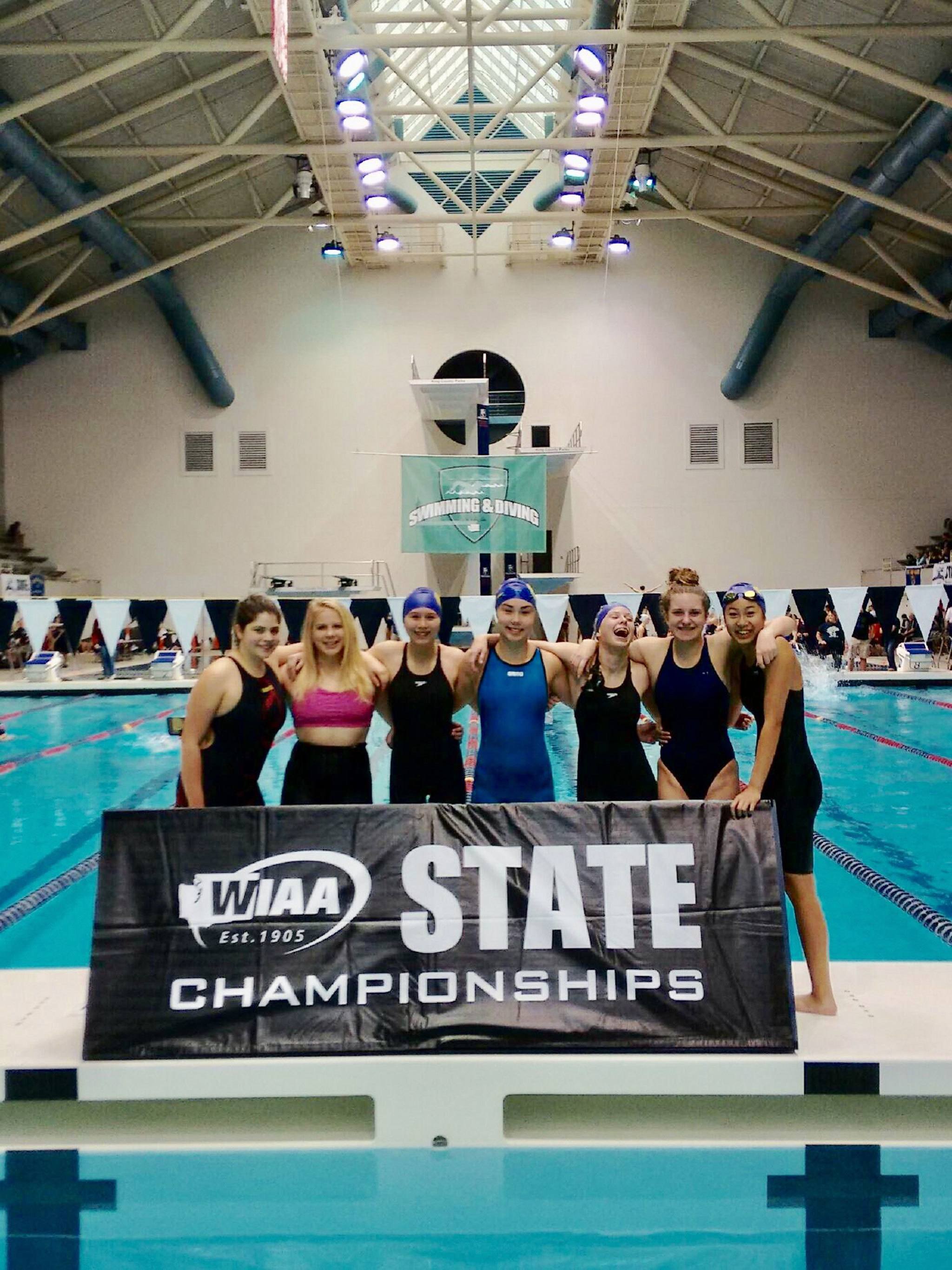 Sequim High sent seven girls to compete in the 2A state finals last weekend. They include, from left, Isa Benitez, Joie Darminio, Sonja Govertsen, Sydnee Linnane, Meguire Vander Velde, Anna Miehe and Jasmine Itti. Photo courtesy of Michelle Govertsen
