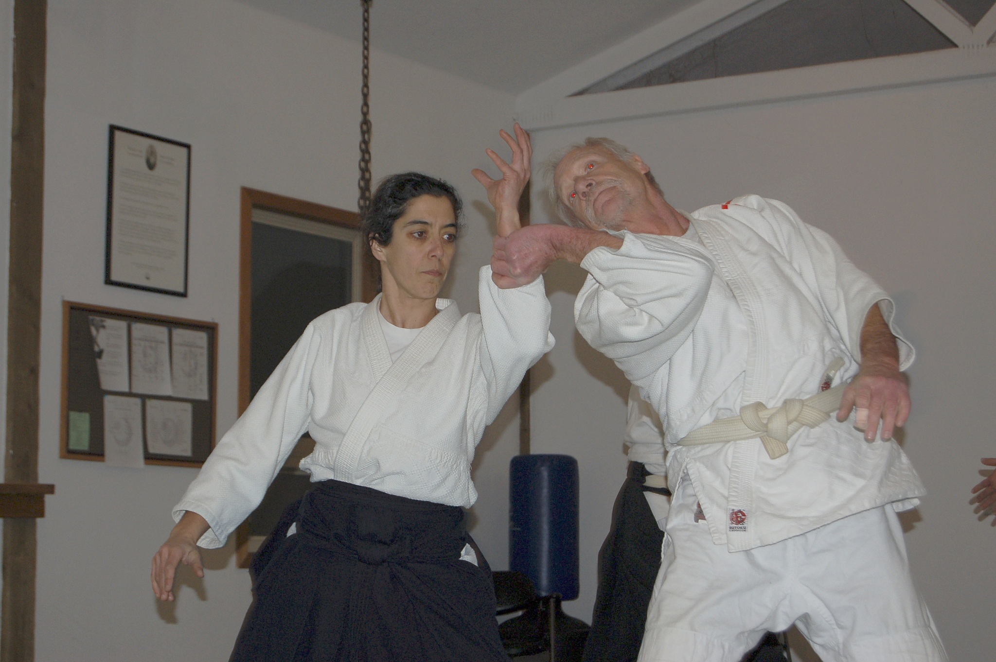 Chief Aikido instructor Neilu Naini pairs up with student Andy Brastad during a warm-up exercise at the Aikido Dojo off Carlsborg Road in Sequim. Sequim Gazette photos by Erin Hawkins