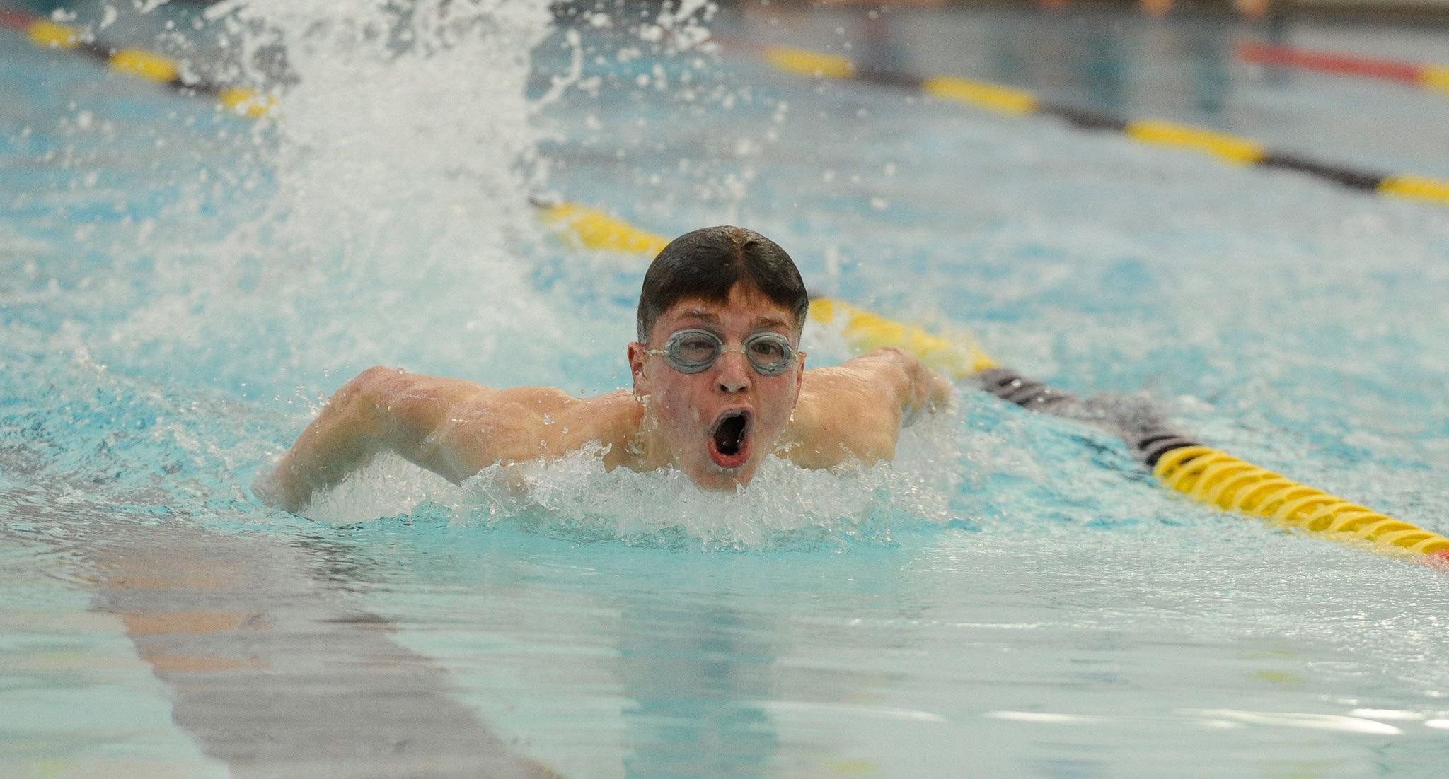 Jax Thaxton, seen swimming on Jan. 5, helped the 200 free relay team with Liam Payne, Christian Goodrich and Alex Berikoff qualify for districts on Jan. 12. He also qualified in the 100 backstroke on Jan. 14, for districts. Sequim Gazette file photo by Michael Dashiell