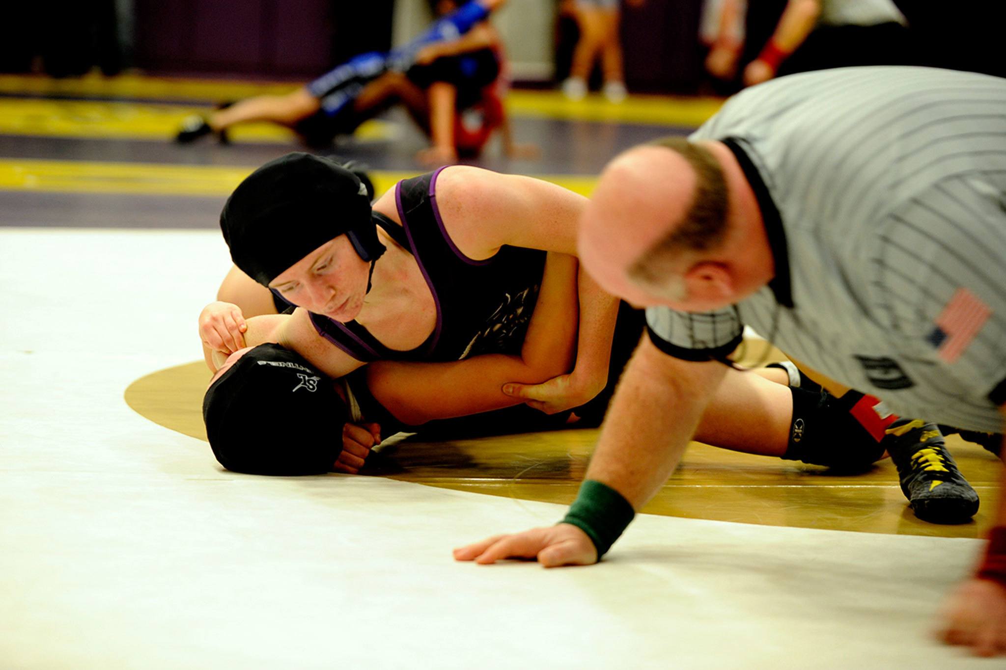 Sequim’s Kiara Pierson, 120 pounds, pins Anna Schlueb of Spanaway Lake in 1:02 on Feb. 4, in Sequim High School for the sub-regional girls wrestling tournament for District C of West Central District III. Pierson took second in the tournament and competes in regionals on Feb. 10-11 at Decatur High School in Federal Way.