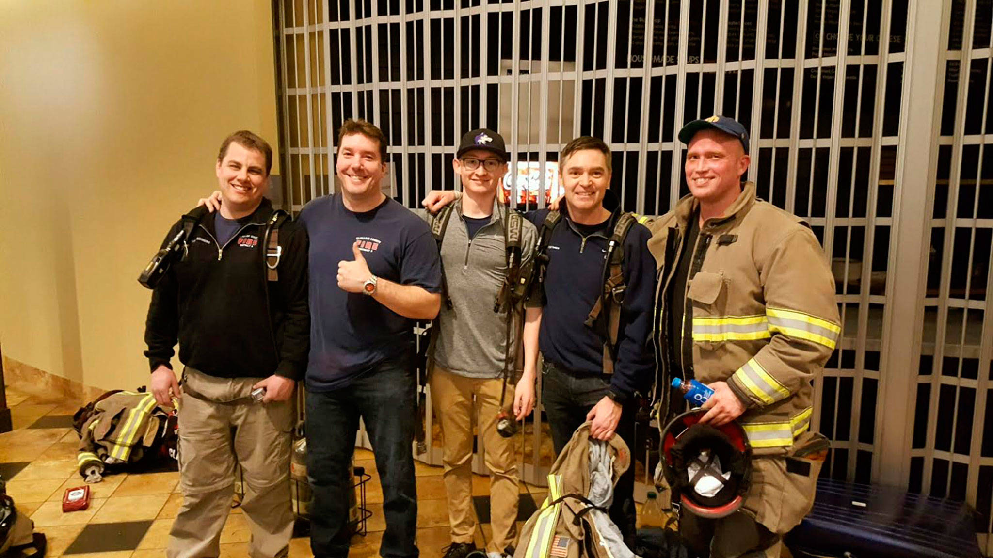 Clallam County Fire District 3 Capt. Bryan Swanberg, left, firefighter/paramedic Neil Borggard, Conner Forderer, firefighter/EMT Lee Forderer and Lt. Chad Cate participated in the annual Scott Firefighter Stairclimb fundraiser that raises money for blood-cancer research and patient services. Submitted photo