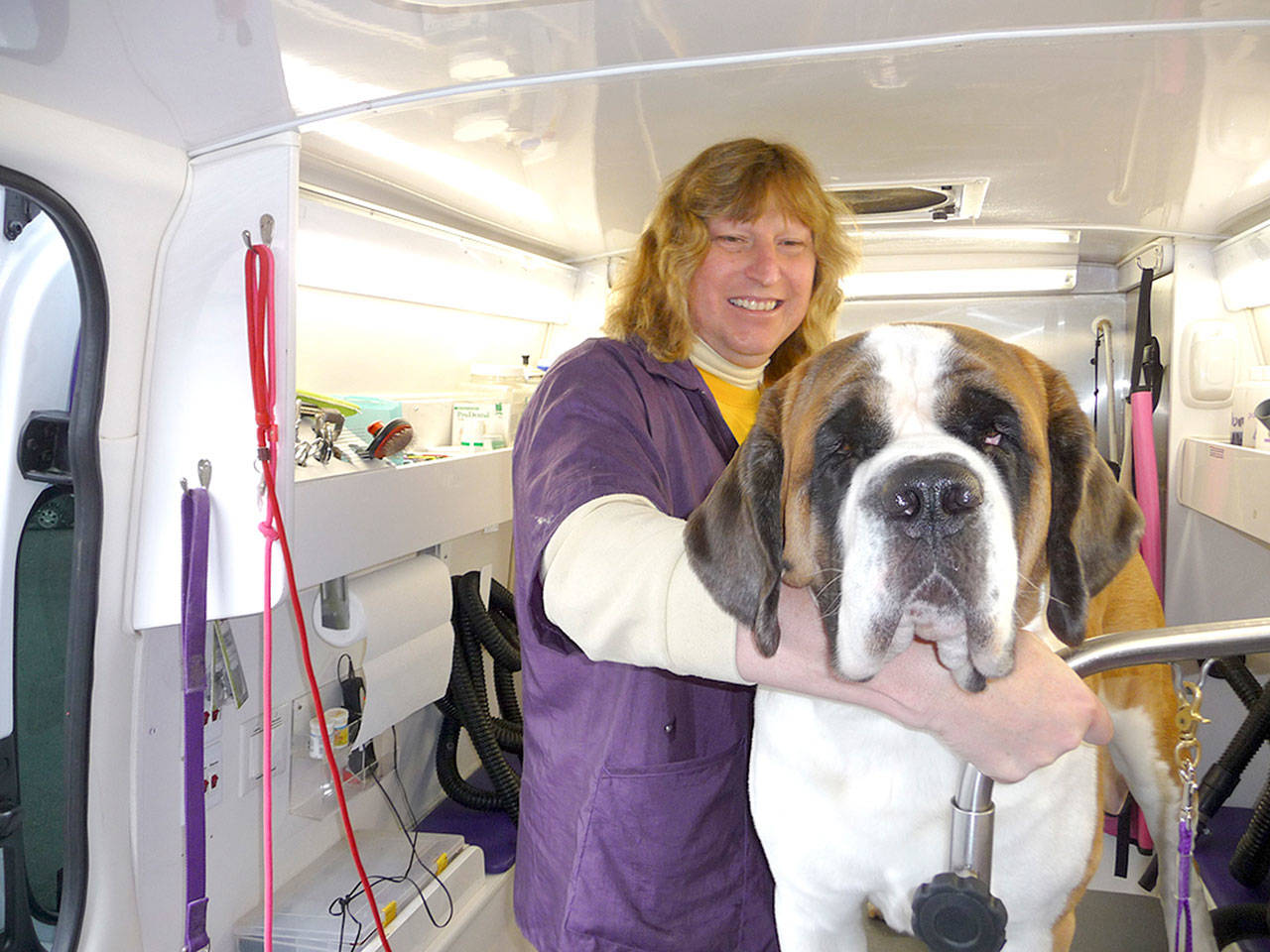 Deena and her human, Wilhelm Beckmann, demonstrate there’s plenty of room in the grooming van for plus-size dogs.