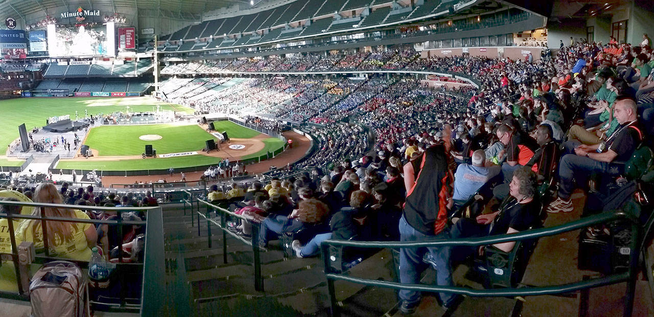 Almost 30,000 people gathered in the Houston Astros baseball stadium to watch the final teams compete at the FIRST Robotics competition. (Dallas Jasper)
