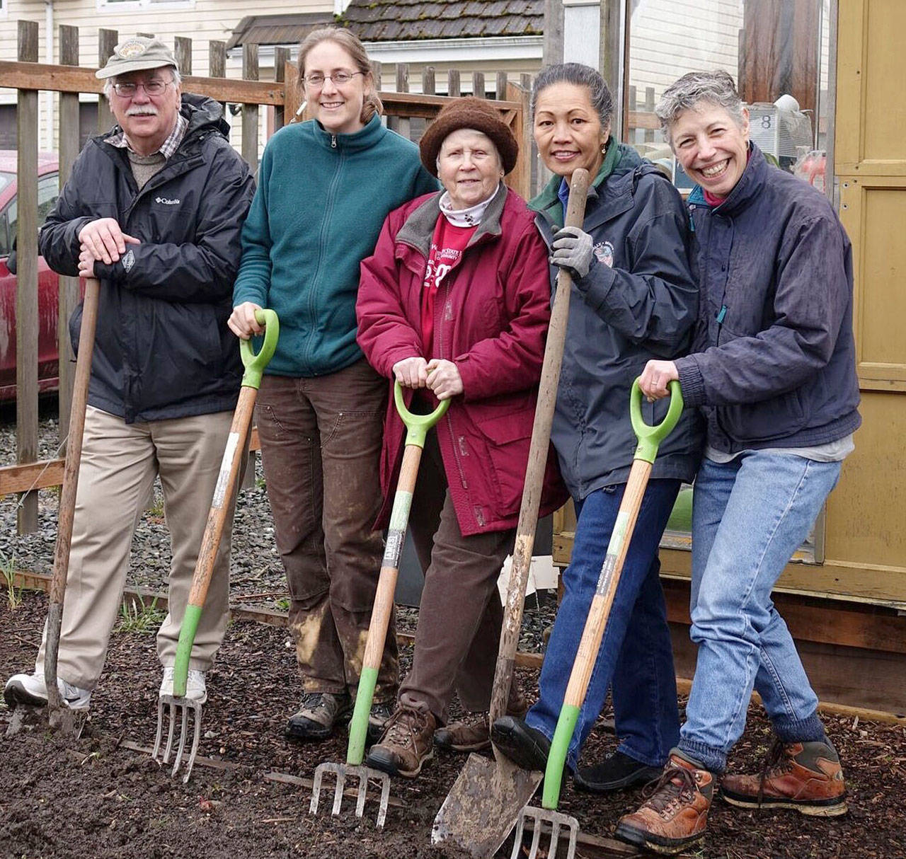 Veteran Master Gardeners Bob Cain, Laurel Moulton, Lois Bellamy, Audreen Williams and Jeanette Stehr-Green will lead a walk through the Fifth Street Community Garden on May 13. Submitted photo