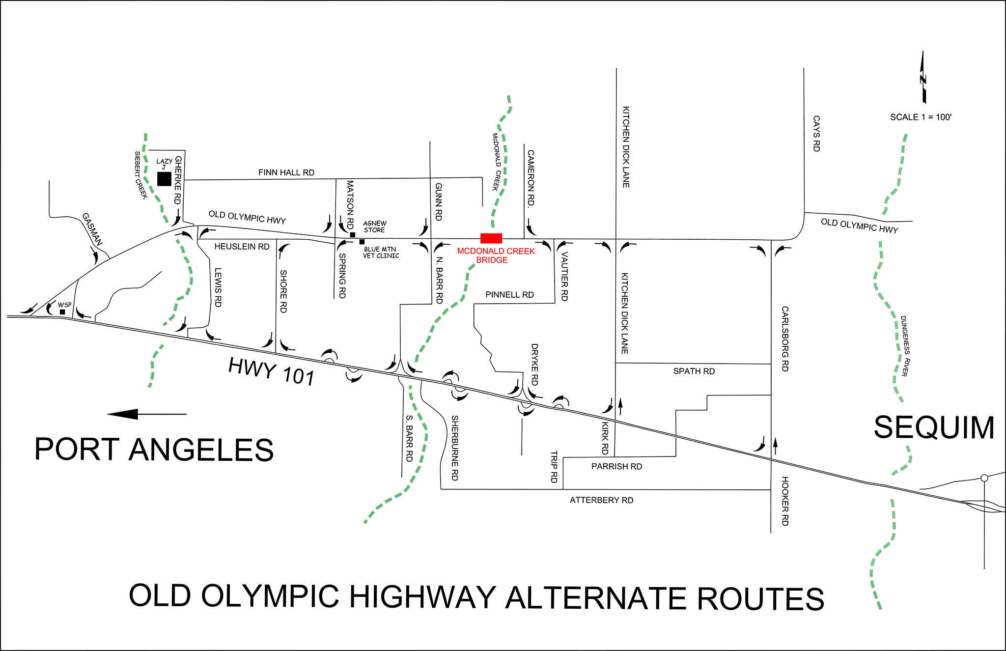 Clallam County officials plan to put out signs referring drivers to detours around the McDonald Creek Bridge closure along a portion of Old Olympic Highway. Map courtesy of Clallam County