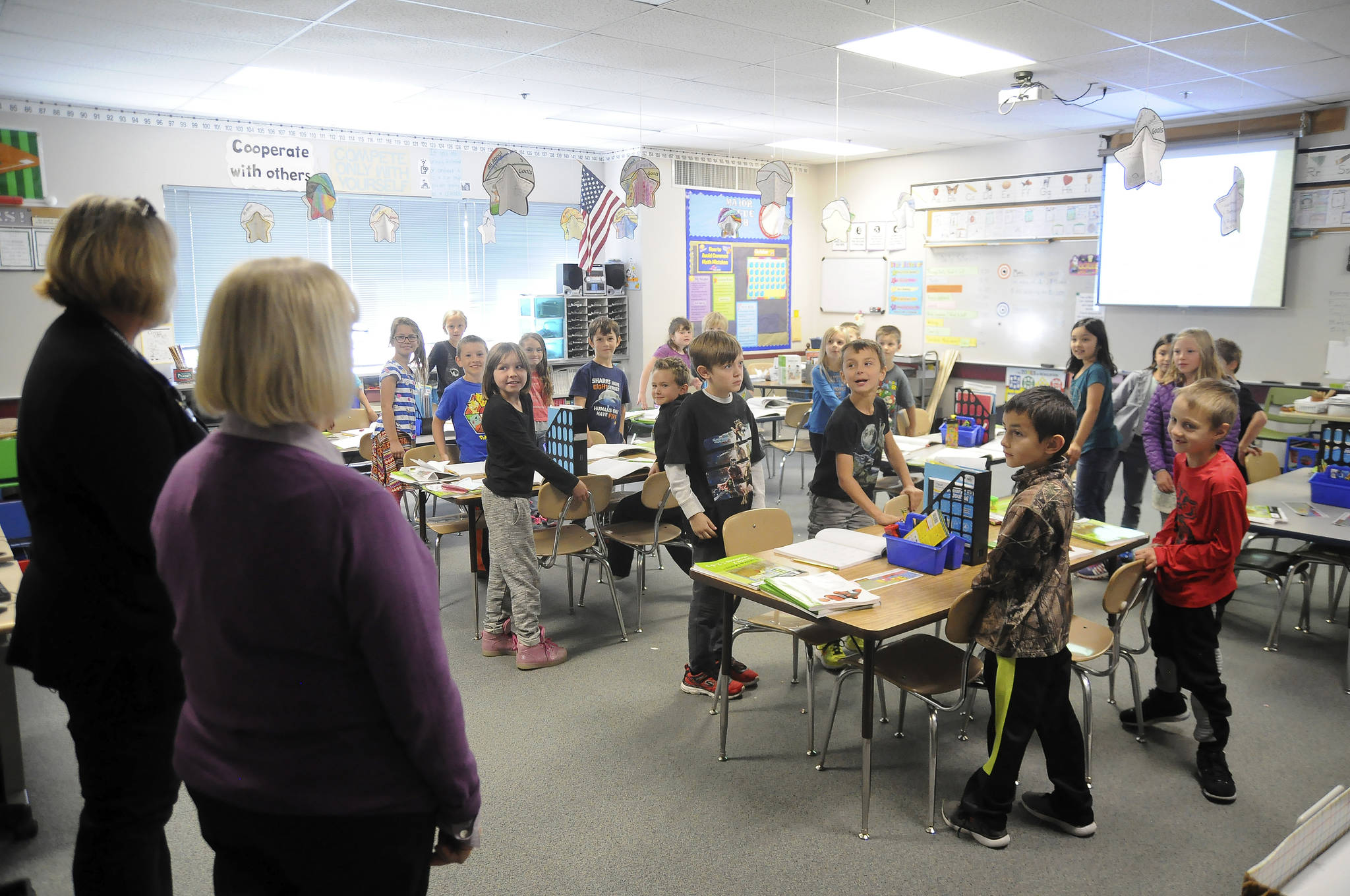 Students in Chris Stevens’ second-grade class say hello to Sen. Patty Murry (foreground) during the legislator’s visit to the Carlsborg school on Oct. 11. Sequim Gazette photo by Michael Dashiell