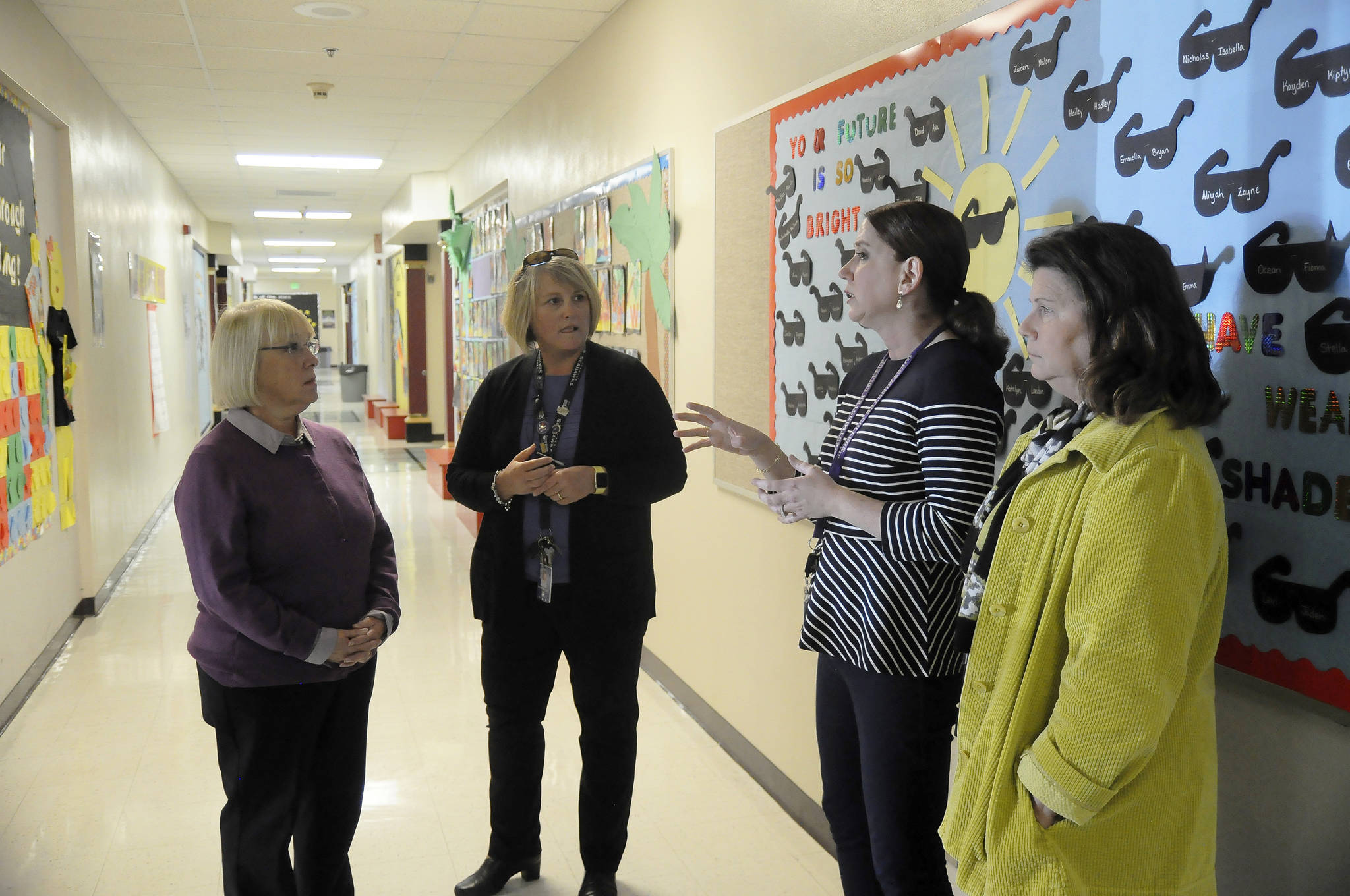 Literacy coach Krista Chatters, second from right, talks with U.S. Sen. Patty Murray (left) at Greywolf Elementary School on Oct. 11. Also pictured is Greywolf principal Donna Hudson, second from left, and mathematics coach Pam Landoni. Sequim Gazette photo by Michael Dashiell