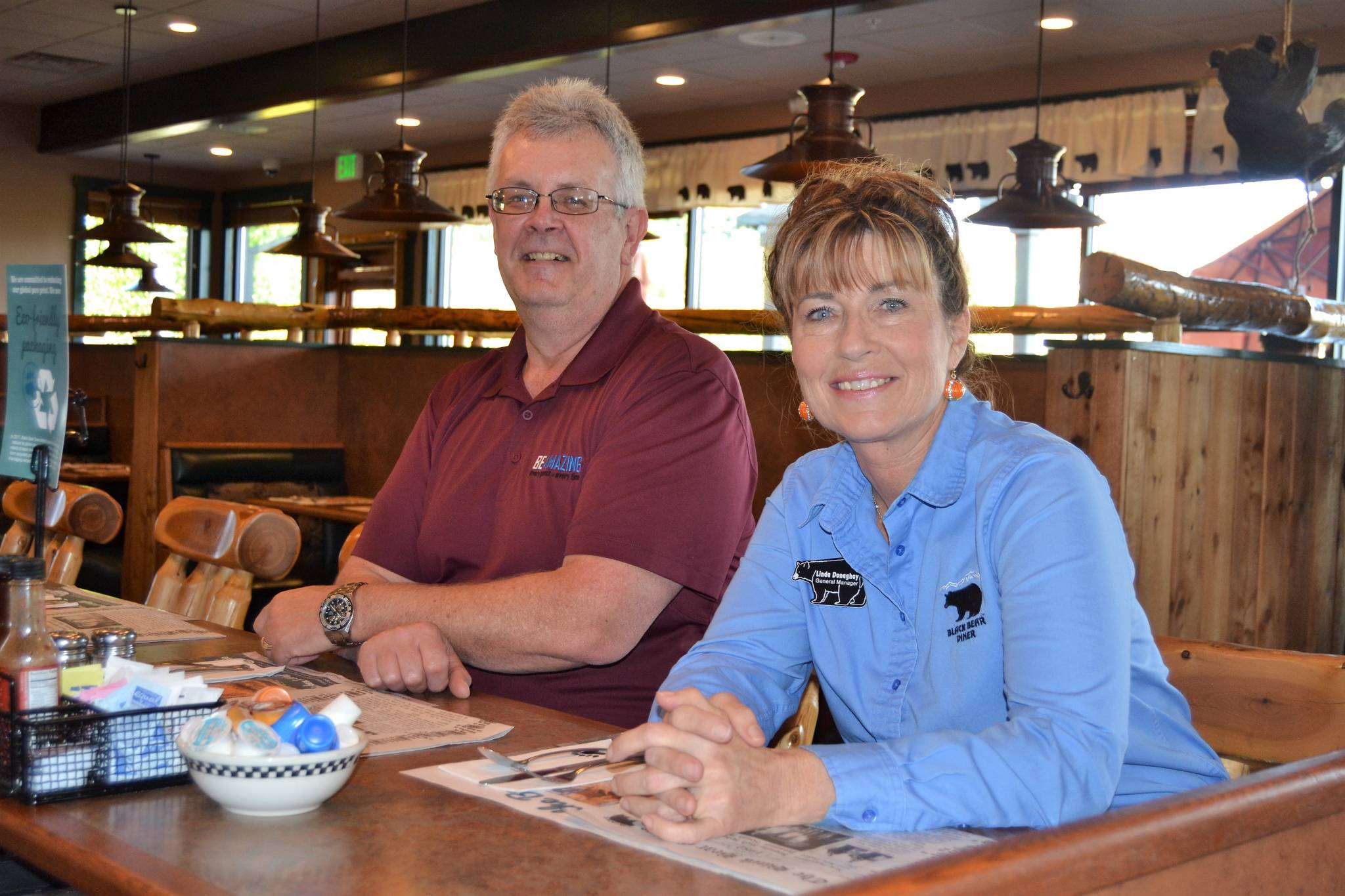 Sequim’s Black Bear Diner’s Assistant General Manager Bill Carmichael General Manager Linda Donaghay say the Sequim franchise has the largest annual sales growth since 2016. At 11 percent, the store’s sales growth is the most in the company, Donaghay said. Sequim Gazette photo by Matthew Nash