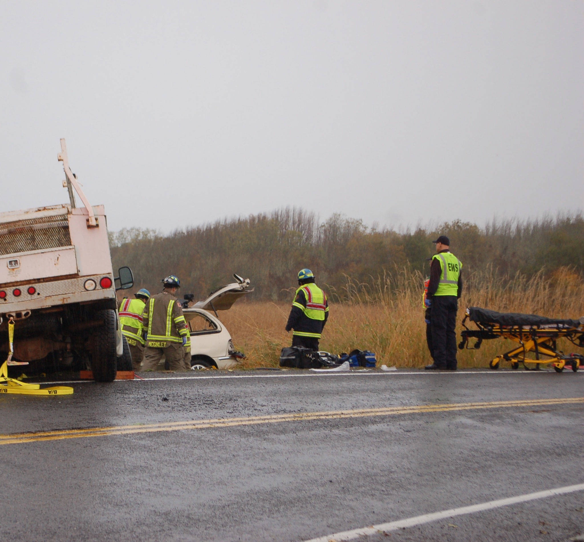 Clallam County Fire District 3 and Clallam County Sheriff respond to a fatal car collision at 3:48 p.m. on Oct. 18, near the Dungeness Valley Wildlife Refuge. Sequim Gazette photo by Erin Hawkins