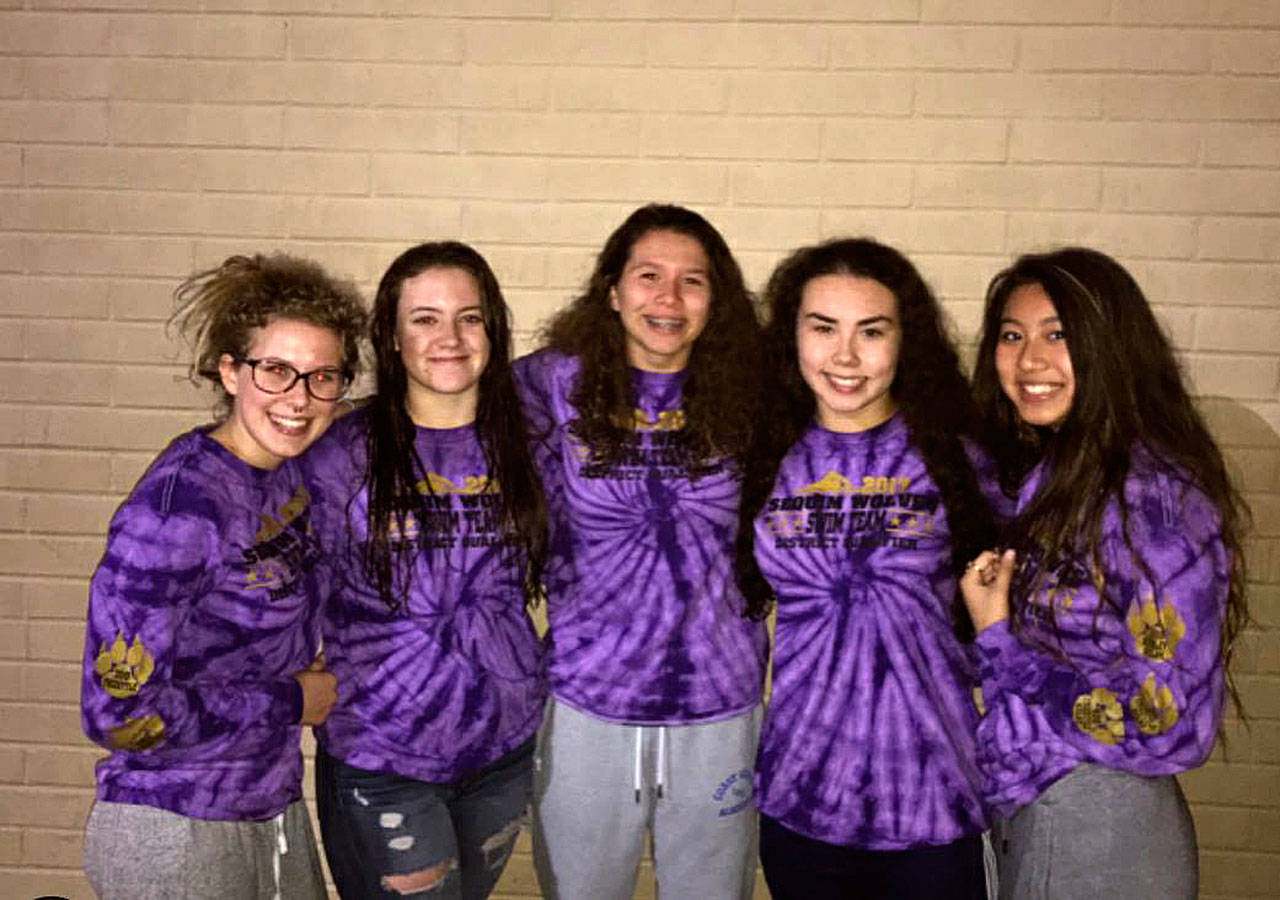 Sequim sends two relay teams and one individual swimmer to compete at the 2A state meet this weekend. Pictured are from left, Meguire Vander Velde, injured, Sydney Swanson, Sonja Govertsen, Sydnee Linnane, and Jasmine Itti. The girls qualified for districts earlier in the season in the 200 freestyle and 200 medley and earned a spot at state on Nov. 4. Submitted photo