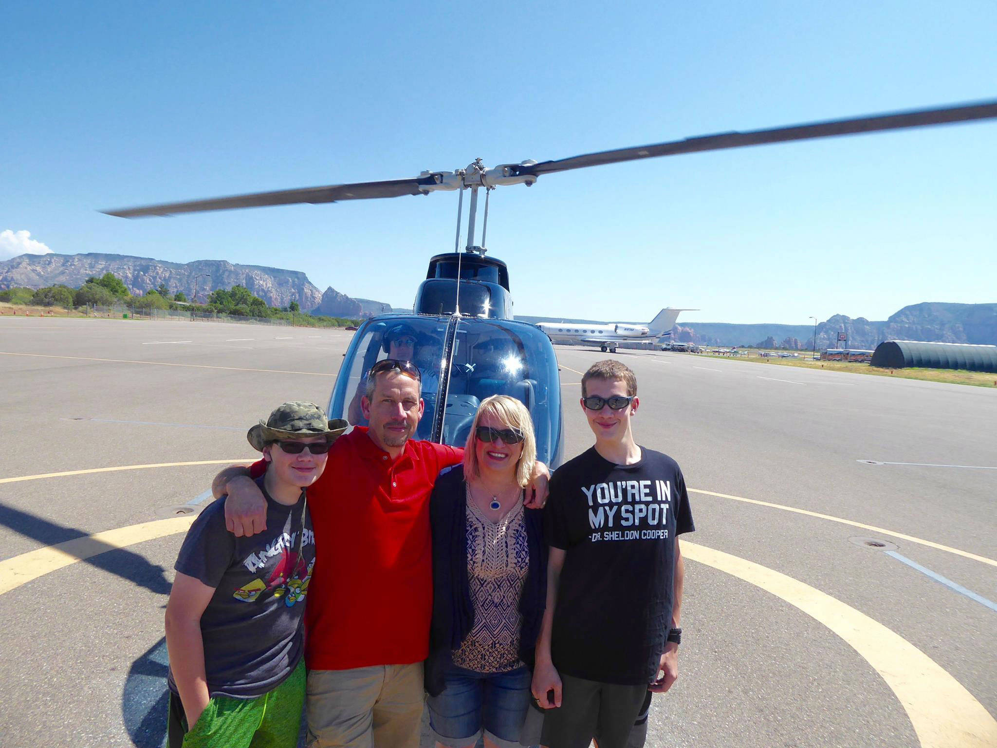 The Streett Family of Sequim, from left, Sawyer, Robert, Josslyn, and Robby, pose for a photo before their first flight over Sedona, Ariz. in July. The family was involved in a car wreck on July 20 that took the lives of Robert and Robby. Josslyn said this was going to be the family’s Christmas card. Photo courtesy of Josslyn Streett