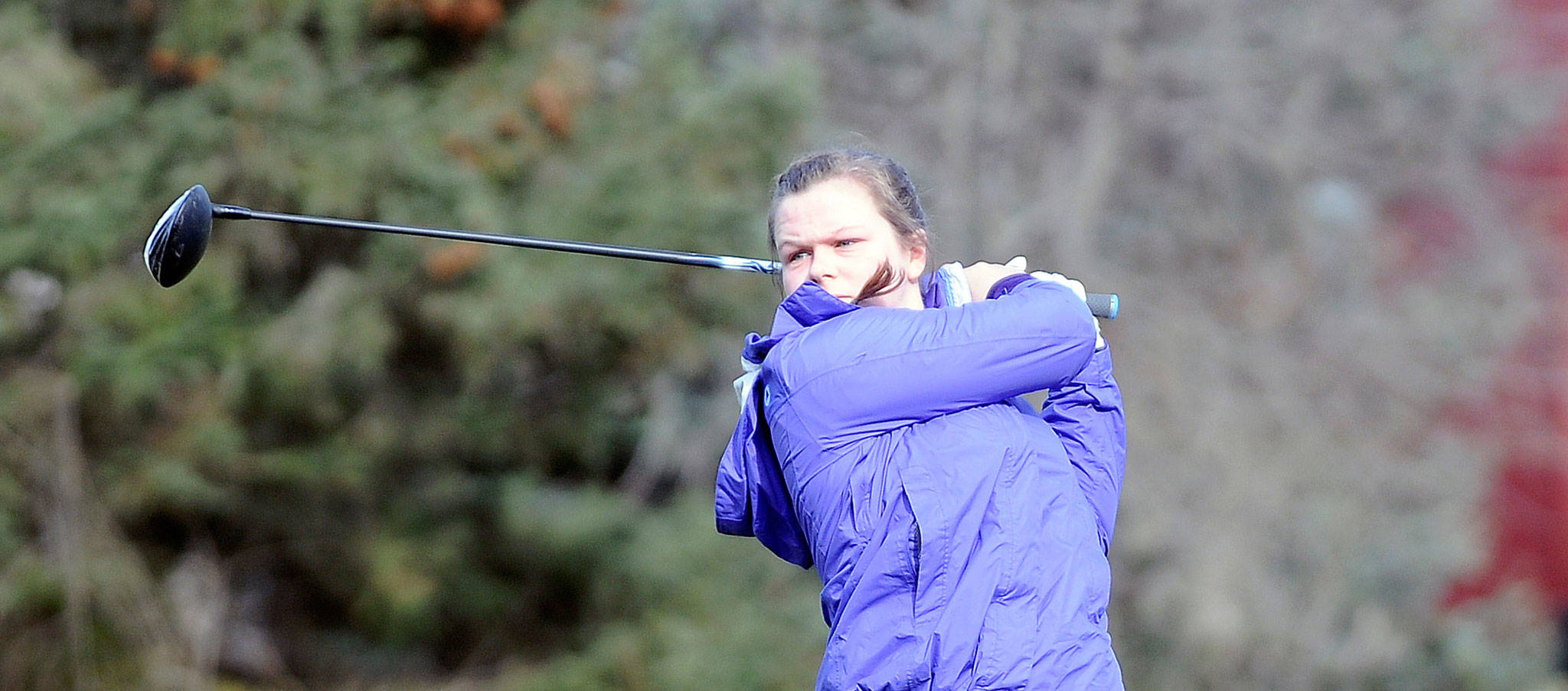 Sequim’s Sarah Shea follows through on her swing at The Cedars at Dungeness’ hole No. 3 as Shea and the Wolves take on Bremerton in March. Shea recently signed a letter of intent to play for the Western Washington Vikings next year. Sequim Gazette file photo by Michael Dashiell