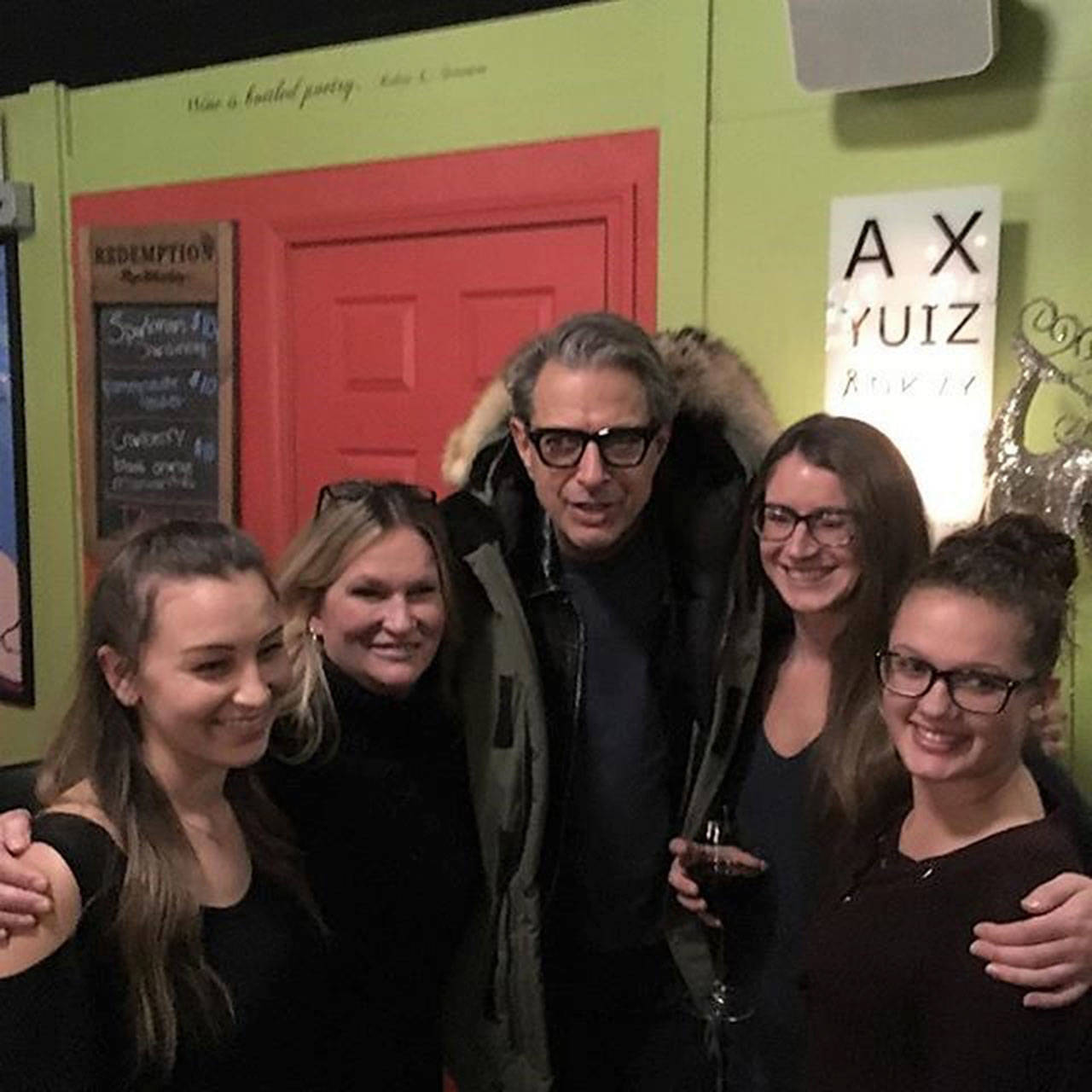 Amanda Florea, Kim McDougal, Carly Swingle, and Devon Santiago pose for a photo with actor Jeff Goldblum on Dec. 5 in Blondie’s Plate. Goldblum was in the area filming scenes for the new movie “The Mountain.” Photo courtesy of Darren Stephens