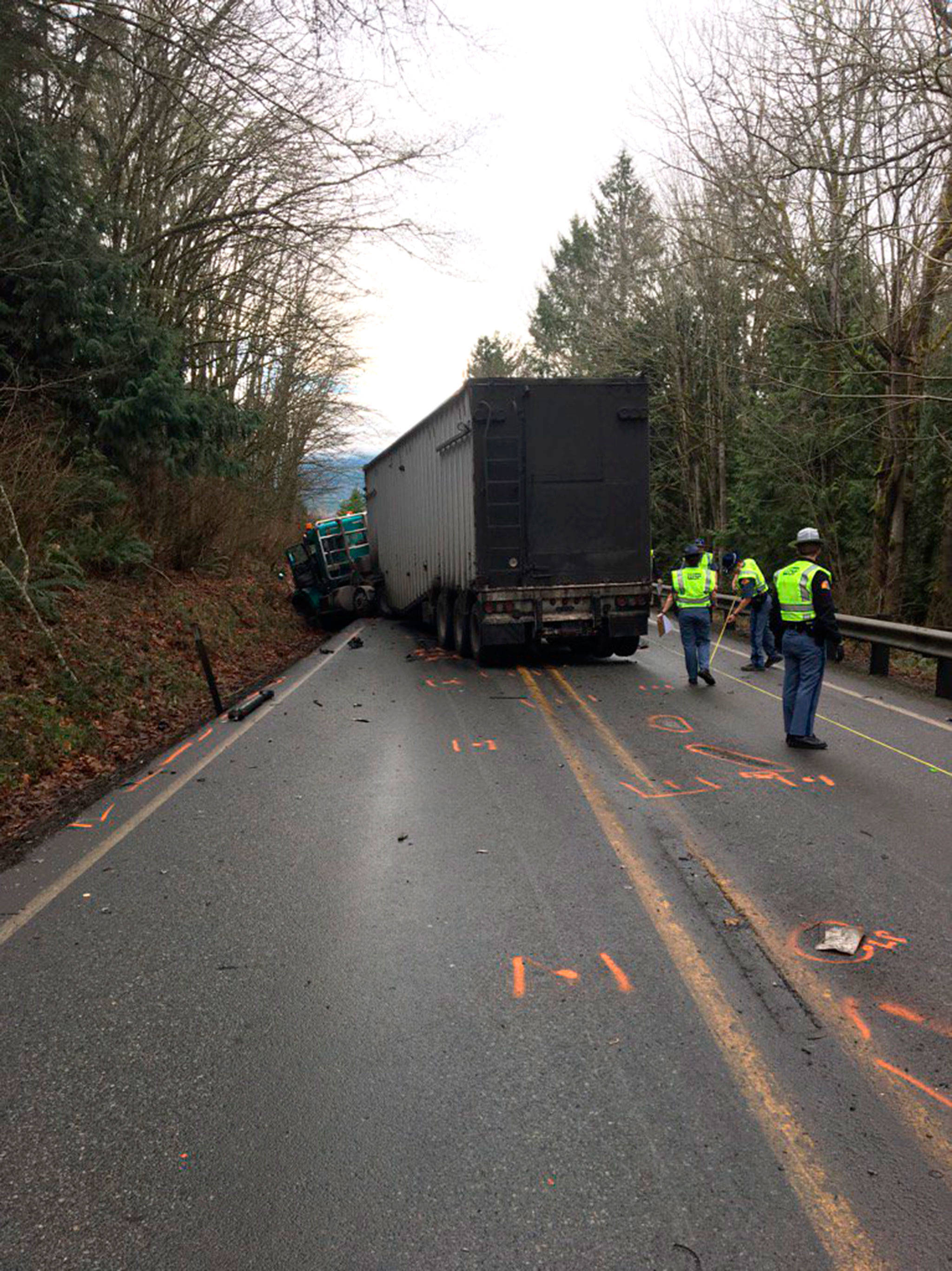 A Sequim woman died on Jan. 5 after colliding with a semi truck on State Route 20. Photo courtesy Washington State Patrol
