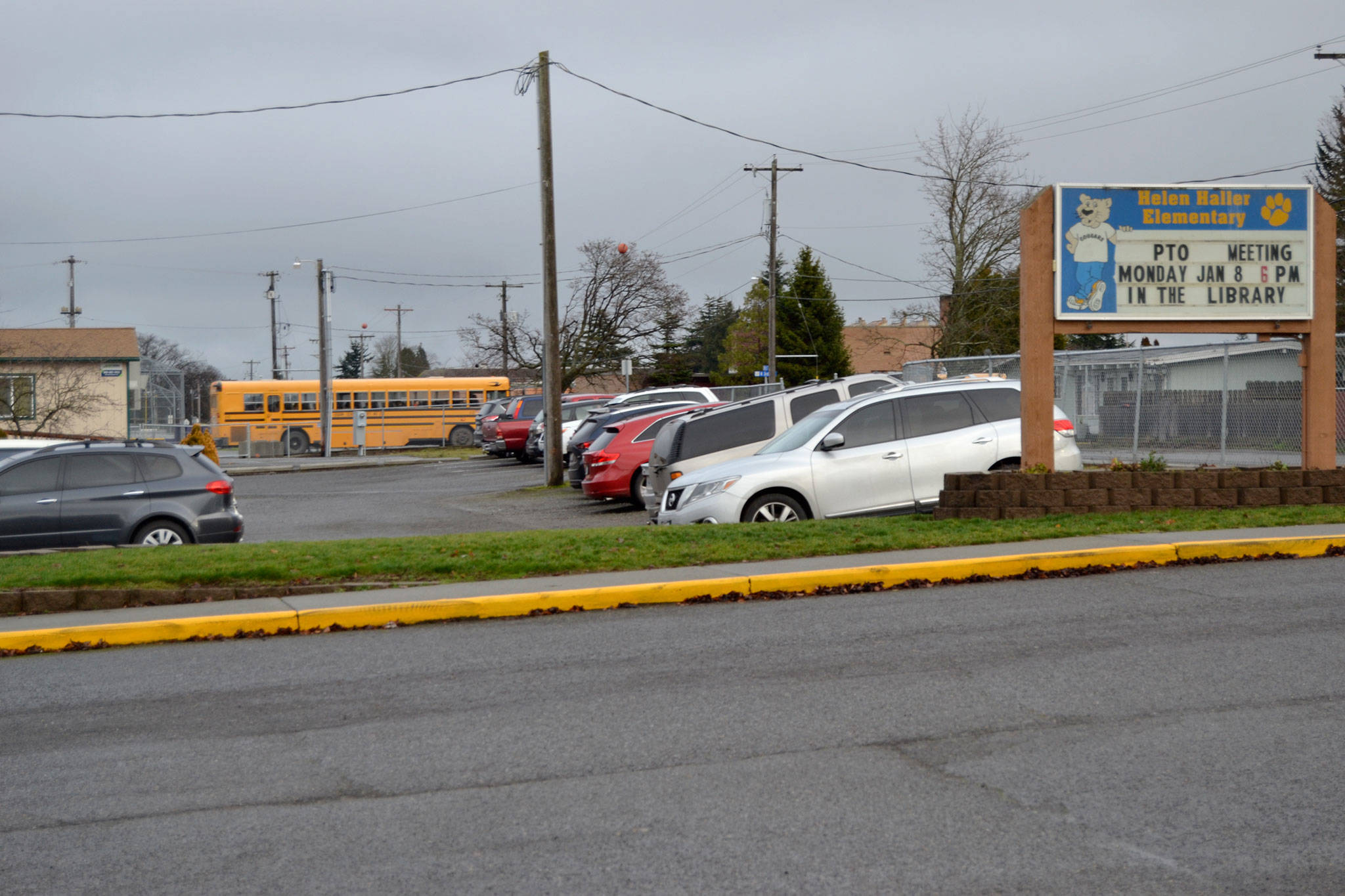 Part of the plan for redoing Fir Street includes making this east parking lot at Helen Haller Elementary a one-way road into the main parking lot. Staff with the City of Sequim said it won’t takeaway parking lots though. Sequim Gazette photo by Matthew Nash