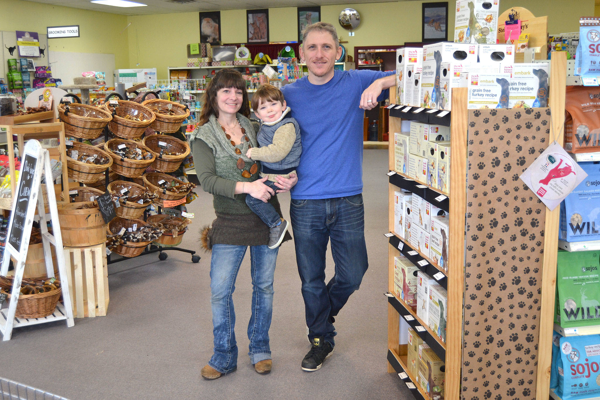 Cynthia and Casey Linden with their son Cruz took on ownership of Best Friend Nutrition last December and plan to continue to slowly expand offerings of natural and holistic foods for cats, dogs and rabbits. Sequim Gazette photo by Matthew Nash