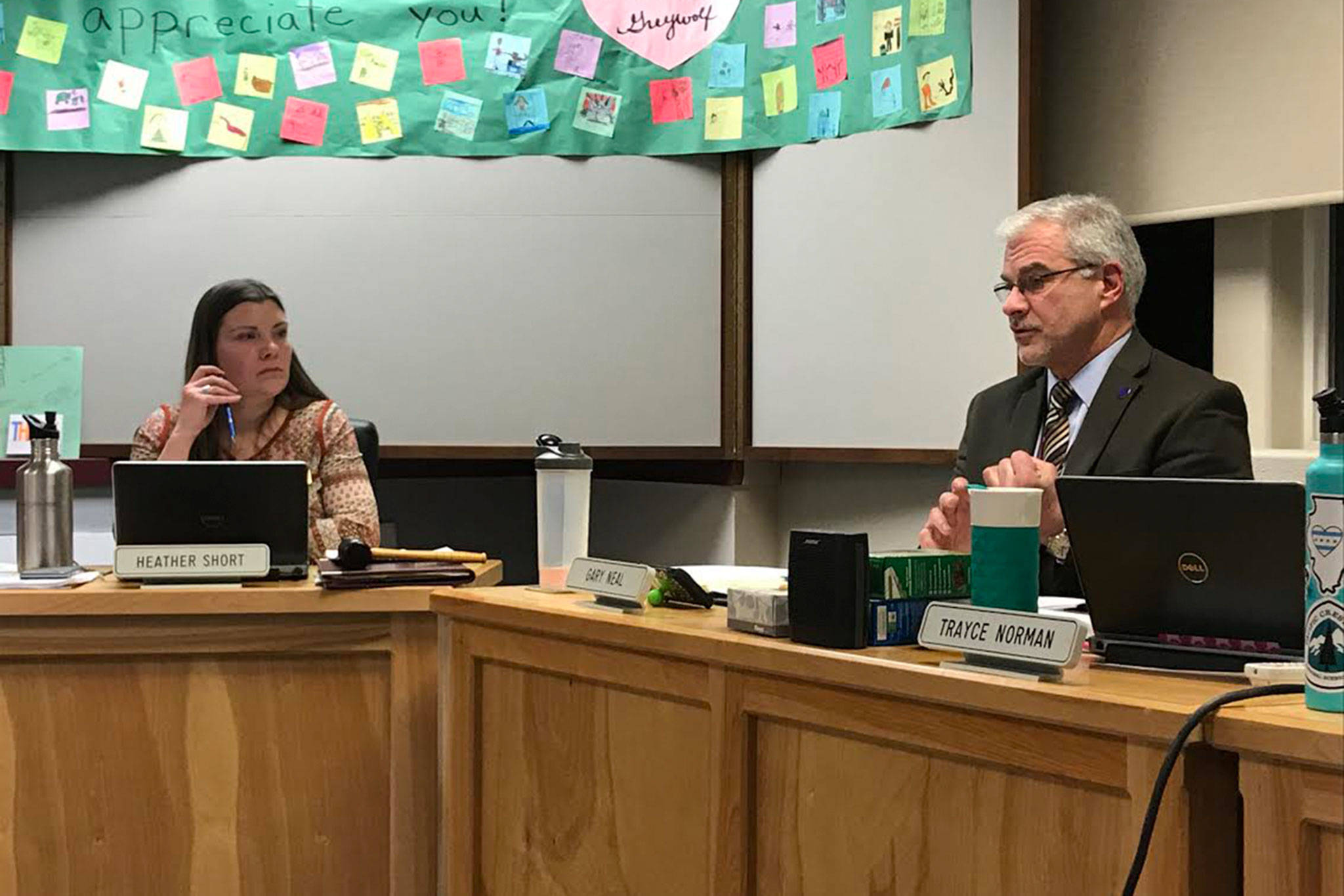 Sequim Schools superintendent Gary Neal, right, discussed school safety at the Board of Directors Meeting on March 5 and said if students participated in the national school walkout on March 14 he would use it as an opportunity to discuss the issue of safety with students. Sequim Gazette photo by Erin Hawkins