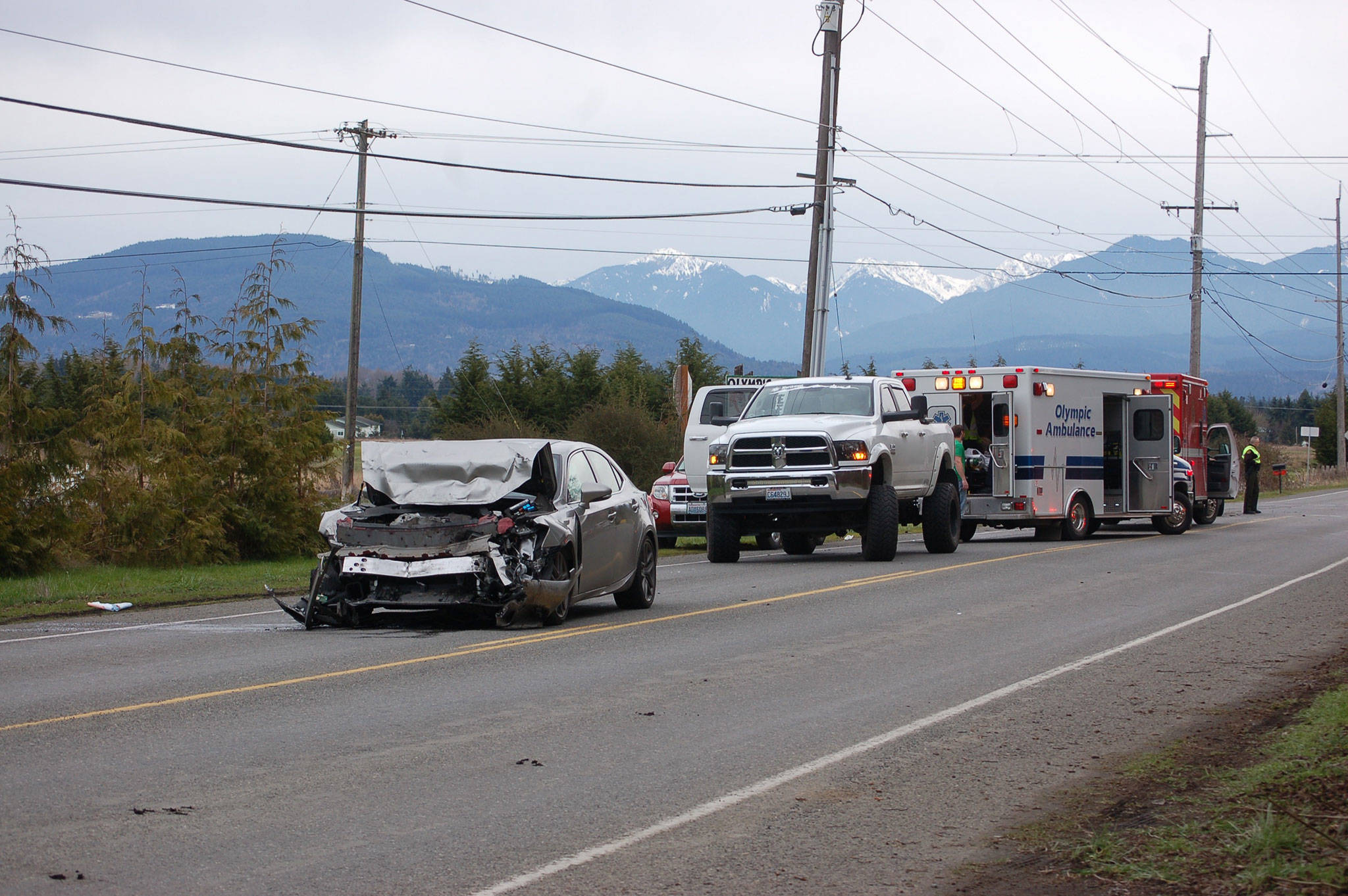 Two vehicles were involved in a collision on March 7 at the Cays Road and Woodcock Road intersection. Sequim Gazette photo by Erin Hawkins