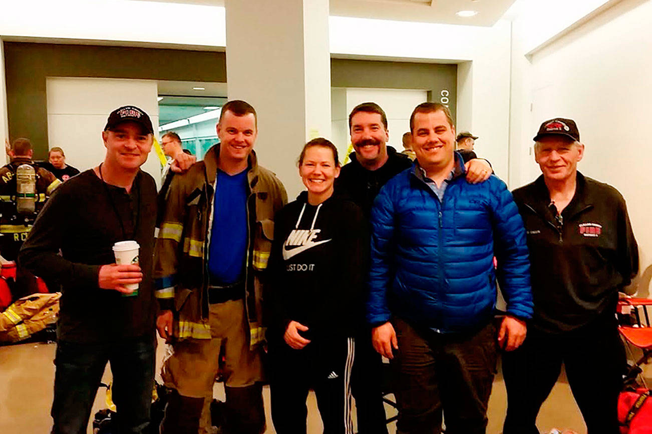 Seven employees of Clallam County Fire District 3, Lee Forderer, left, Joel McKeen, Stefanie Anderson, Neil Borggard, Bryan Swanberg, Lee Oman, and Jack Hueter (not pictured) participated in the annual Scott Firefighter Stairclimb fundraiser on March 11, that raises money to support the mission of the Leukemia and Lymphoma Society. Submitted photo