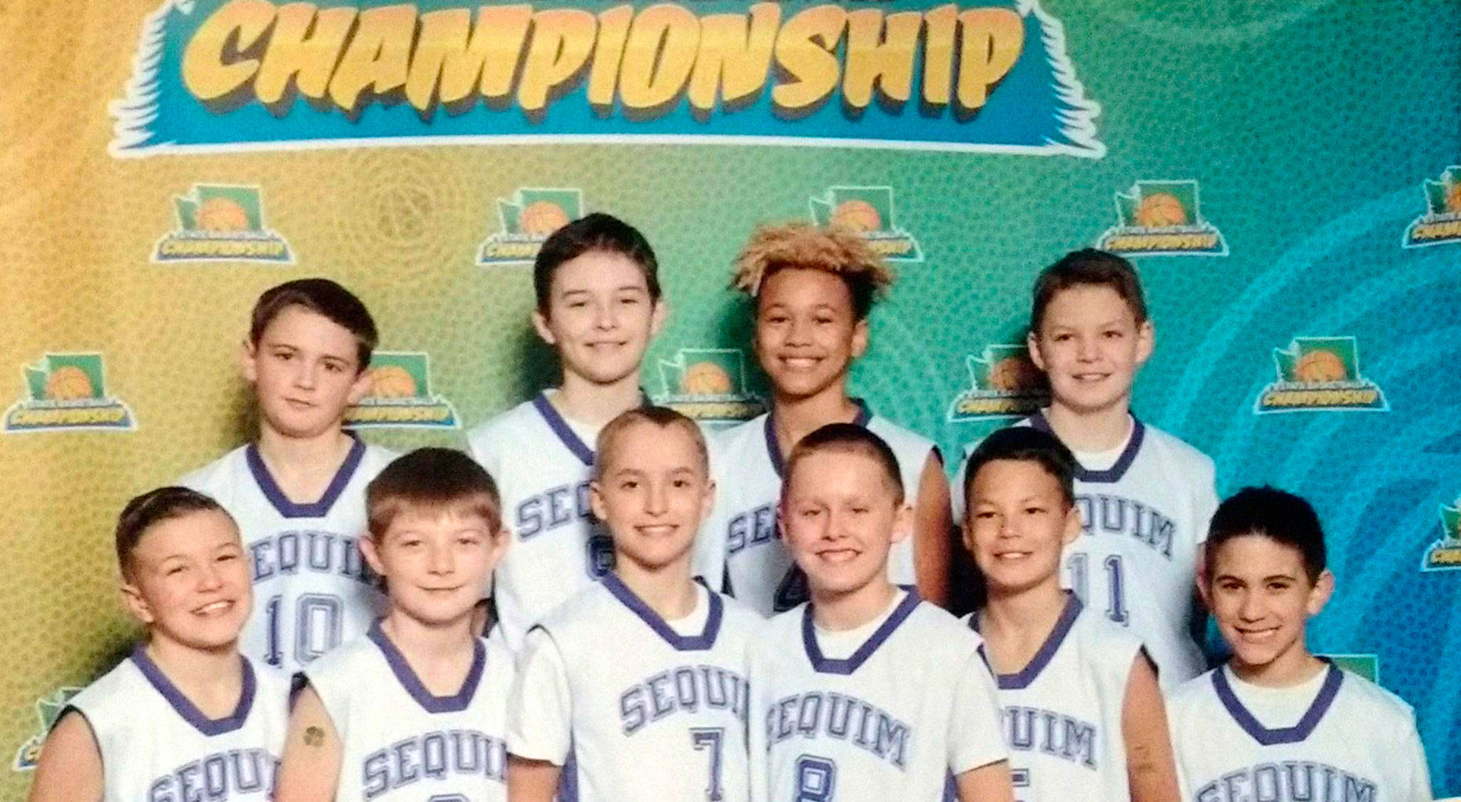 Sequim’s fifth-grade select boys basketball squad took runner-up in the fifth-grade silver division for the 2018 Washington Middle School Basketball Championship March 17-18 in Spokane. The team featured, from top left, Hayden Kiesser, Jamison Gray, Lincoln Liggins, Charlie Grider; bottom left, Izaiah Alonzo, Ethan Melnick, Easton Munger, Blake Marshall, Andrew Brown and Bryant Laboy. Photo courtesy of Mary Laboy