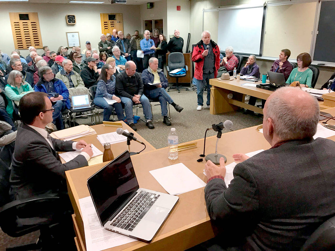 John Wayne Marina tenant Joe Walsh was one of more than two dozen speakers at a Port of Port Angeles commissioners meeting on the Sequim facility. Photo by Paul Gottlieb/Peninsula Daily News