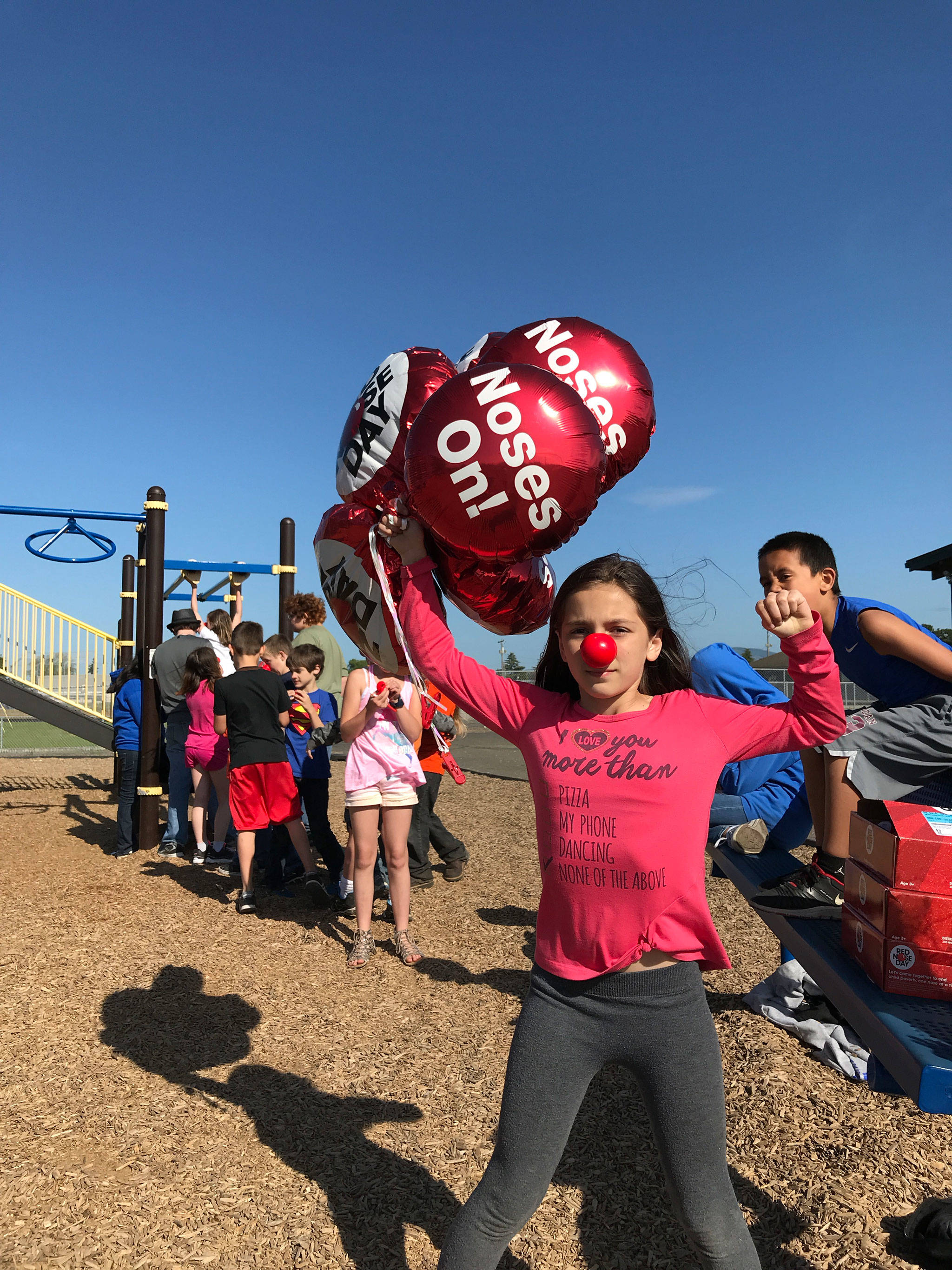 Hailey Mulet, a fifth grader at Helen Haller Elementary School, sports a red nose during the Boys & Girls Club’s Ninja Warrior event on May 24 as part of an international campaign to end child poverty. Sequim Gazette photos by Erin Hawkins